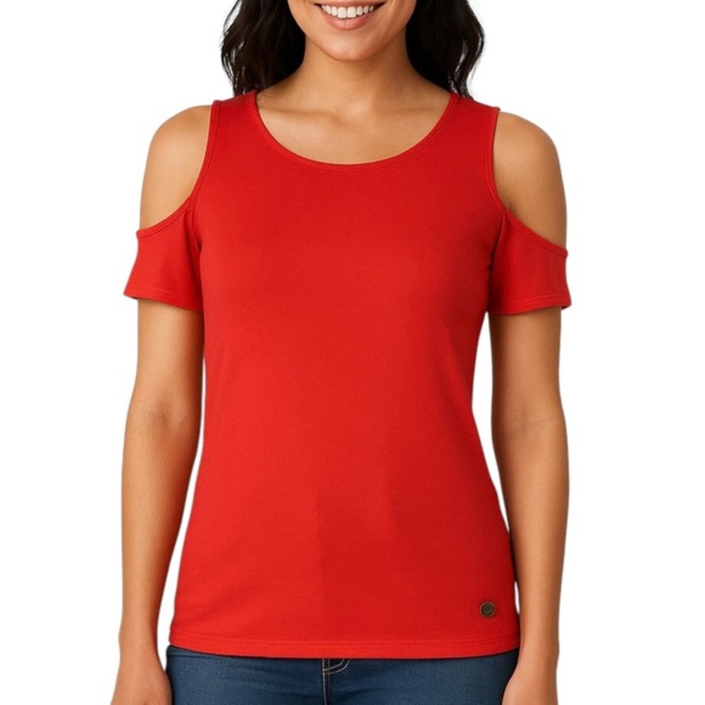 Michael Kors Women's Chili Red Coral Cold Shoulder Short Sleeve Top with Stretch